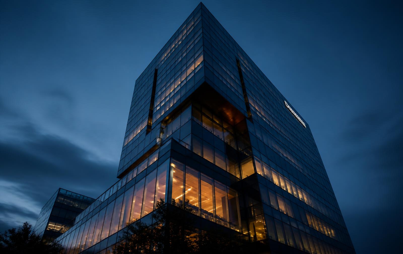 Corporate office tower at dusk